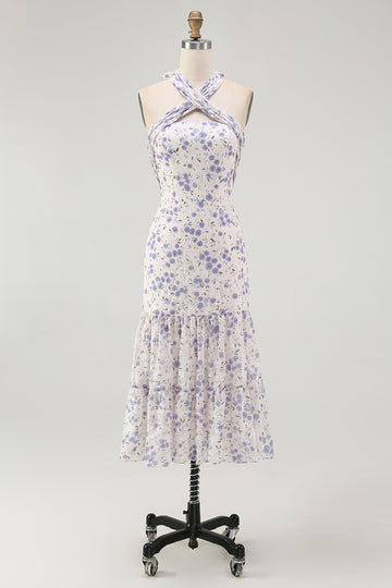 Blue Floral Halter A Line Ruffled Midi Bridesmaid Dress
